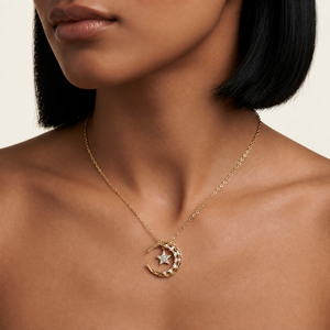 Colliers pendentifs lune et étoile en or massif 14 carats, diamant de laboratoire VS1 E, HPHT CVD 0,25 ct, pour usage quotidien, pour femmes. - Product Image 6
