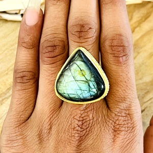 Hot Selling Boho Labradorite <b>Ring</b> Vintage Brass <b>Rings</b> for Women 18k Gold Plated Teardrop Tribal <b>Statement</b> for Wholesale/OEM/ODM - Product Image 1