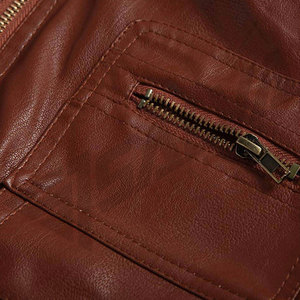 <b>Men's</b> Brown <b>Leather</b> Moto & casual <b>Jacket</b> Stand Collar Zipper Closure Slim Fit Autumn Regular Sleeve Solid Color - Product Image 3