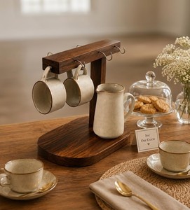 Support à tasses en bois d'acacia avec crochets métalliques, organiseur de mugs en bois pour comptoir de cuisine, table à manger, armoire et café - Product Image 4