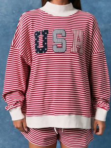 ชุดเสื้อสเวตเชิ้ตโอเวอร์ไซส์ลายทางสีแดงขาวพิมพ์ลายตัวอักษร USA สำหรับผู้หญิง คอเต่า แขนยาว ถักแบบคอเต่า - Product Image 4
