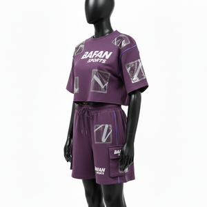 Conjunto de Top Corto y Pantalones Cortos para Mujer, Algodón Premium GSM, Panel de PVC Morado, Impresión de Pantalla con Logotipo Personalizado, 100% Algodón - Product Image 4