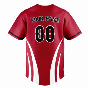 Maillot de baseball pour homme rouge, blanc et bleu, manches courtes, sublimé, personnalisé avec le nom de l'équipe, boutons sur le devant, polyester, coupe classique, uniforme - Product Image 4