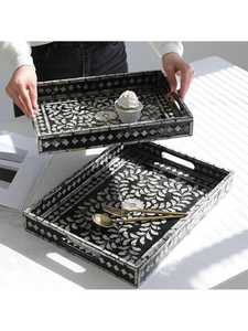 Plateau de service artisanal en os bleu avec incrustations florales |   Table basse de style ferme moderne en mosaïque de bois, organisateur et ottoman d'appoint de luxe - Product Image 6