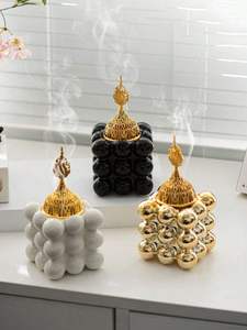 เตาเผาบัคฮูร์ดีไซน์หรูหรา รูปพระจันทร์เสี้ยวแบบอิสลาม ตกแต่งด้วยการเย็บสีขาว พร้อมฝาปิดโลหะสีทองเคลือบหนัง สำหรับตกแต่งบ้าน - Product Image 5