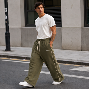 Custom <b>Men's</b> Olive Green Wide Leg Sweatpants With Side Stripe Elastic Waist Drawstring Casual <b>Pants</b> Custom Logo <b>Men's</b> Sweatpants - Product Image 4