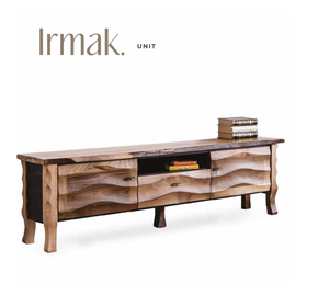 Meuble TV moderne en bois couleur noyer avec panneau décoratif à motif ondulé, console multimédia pour salon, compatible avec les téléviseurs de 65 pouces et plus - Product Image 1
