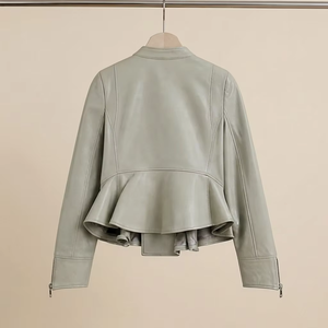 Chaqueta de Piel de Vaca Tejida, Fresca, Ligera, Suave y Transpirable, Estilo Motero, con Cuello Mini Camisero, Cierre Diagonal con Cremallera y Dobladillo con Volantes 3D - Product Image 2