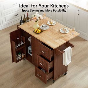 Tavolo da Cucina con Ruote e Ante Scorrevoli, Isola con Piano Ribaltabile e Armadietto Contenitore - Isole e Carrelli da Cucina - Product Image 3