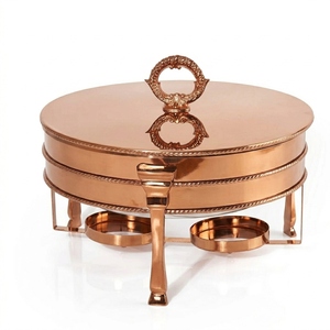 Luxury round chafing dish stainless steel <b>buffet</b> <b>warmer</b> with brass handle border catering hotel food <b>warmer</b> with lid - Product Image 5