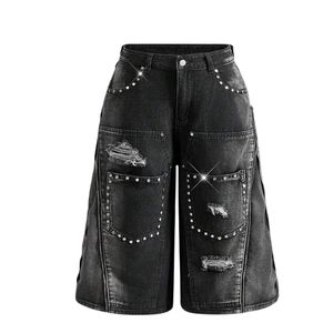Shorts en jean baggy noirs personnalisés pour hommes, avec rivets, coupe large, style streetwear, effet usé, surdimensionnés, OEM ODM, vente en gros - Product Image 1