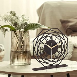 Modern Geometric Metal Table <b>Clock</b> Decorative Black Iron Roman Numeral <b>Clock</b> with Gold <b>Hands</b> Contemporary Decorative Centerpiece - Product Image 5