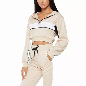 Ensemble de survêtement décontracté pour femme, beige, color block, respirant, mi-lourd, avec sweat à capuche sans manches et pantalon de jogging à cordon de serrage - Product Image 4