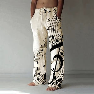 Pantalon décontracté pour homme vert olive à imprimé notes de musique, taille élastique, coupe ample, longueur complète avec poches latérales, idéal pour l'été - Product Image 3