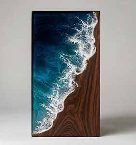 Ocean Wave Resin Urn Wooden <b>Memorial</b> Keepsake Cremation Urn <b>Box</b> Natural Wood Finish Blue Wave Decor - Product Image 1