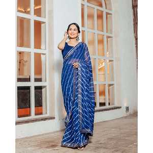 Magnifique sari en mousseline de soie bleu Leheriya, design de créateur, pour fêtes et mariages, haute qualité, taille unique, vente en gros - Product Image 1