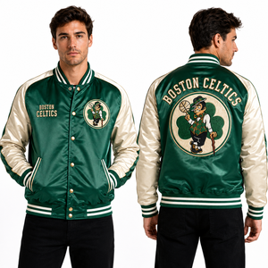 Veste de sport en satin personnalisée, couleur équipe de basket de Boston, vert crème, logo brodé sur mesure, vêtements de sport OEM, vente en gros - Product Image 1