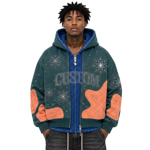 Sudadera con capucha y cremallera para hombre, verde oscuro, con apliques de cristal y forro polar, estilo urbano con gráficos y adornos, marca privada - Product Image 2