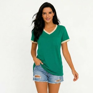 T-shirts amples personnalisés pour femmes, col en V, manches courtes, décontractés, en coton respirant, pour l'été, vente en gros - Product Image 3