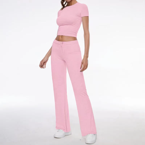 Conjunto Casual de 2 Piezas para Mujer, Top Corto de Manga Corta y Pantalones Largos con Cordón, Tejido Sólido - Product Image 5