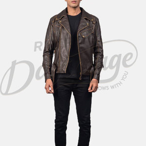 Veste de motard en cuir marron foncé pour homme, style vintage vieilli, en véritable peau de mouton, coupe ajustée, automne-hiver, avec ceinture - Product Image 3
