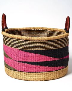 <b>Large</b> Capacity Woven <b>Storage</b> <b>Basket</b> with Leather Handles Pink Black Wave Detail Handcrafted Seagrass Bin for Blankets - Product Image 2