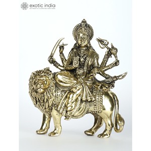 Sculpture en laiton superfine de 5 pouces de petite déesse Durga (Sherawali Maa) pour la décoration intérieure, les cadeaux et le temple fabriqués en Inde - Product Image 2