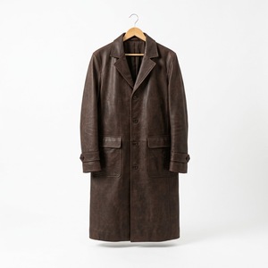 Men's Brown Genuine <b>Leather</b> <b>Trench</b> <b>Coat</b> <b>Long</b> Single Breasted Overcoat with Turn-down Collar - Product Image 1