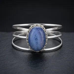 925 Sterling Silver Blue Agate Druzy Cuff Bracelet Oval Natural Gemstone Bezel Set Statement Jewelry For Women Everyday Wear - Product Image 3