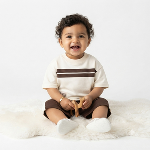Ensemble t-shirt à manches courtes pour bébés garçons, haut rayé décontracté à col ras du cou avec short assorti, tenue d'été pour enfants - Product Image 1
