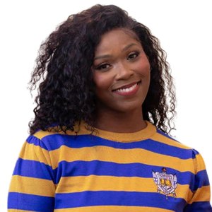 Pull rayé bleu et or Sigma Gamma Rho pour femme, col rond en tricot, style décontracté et confortable de la sororité grecque - Product Image 3