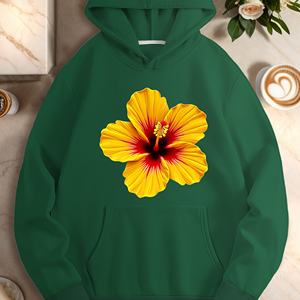 เสื้อฮู้ดถักลำลองสำหรับผู้หญิงลายดอกชบาสีเหลืองพิมพ์ลาย - Product Image 3