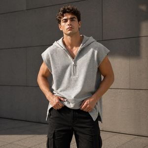 Sudadera sin mangas con capucha y cremallera de un cuarto para hombre, gris liso, ajuste casual, largo regular, 100% algodón, felpa francesa, transpirable - Product Image 5
