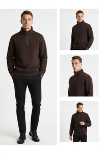 Sudadera con Cierre de Cremallera de un Cuarto para Hombre, Diseño Moderno, Color Marrón, Estilo Casual Elegante, Cuello Alto, para Uso Diario - Product Image 2