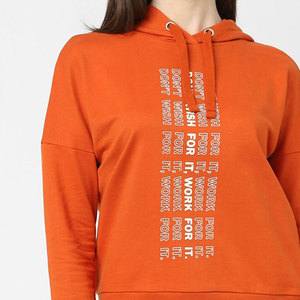 Sudadera con capucha corta naranja para mujer, de manga larga, forro polar, casual, color liso, hombros caídos, teñido liso, tipo jersey - Product Image 5