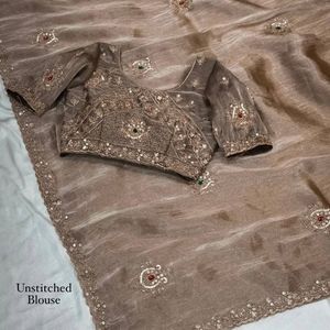 Luxury Rose <b>Gold</b> Saree with Full Zari and Sequin Embroidery With Cutwork and Stone Work With Unstitched <b>Blouse</b> by Royal Export - Product Image 5