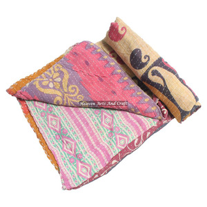 Kantha Blanket, Boho Throw Soft Pastel Colors Heavy 5 To 7 Layer Cotton Kantha Handmade <b>Quilt</b> Indian Reversible Hand Stitched - Product Image 1