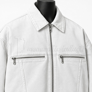 Custom <b>White</b> Denim Bomber Jacket <b>Men</b> Unisex Zip Up Jacket Shirt Collar Casual Streetwear OEM ODM Manufacturer - Product Image 6