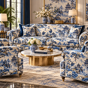 Tissu d'ameublement en velours imprimé paysage de pagode grue bleue et blanche pour chaise - Product Image 3