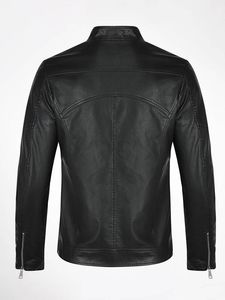 Blouson moto homme en cuir véritable bleu respirant coupe-vent, col montant, fermeture éclair, coupe ajustée, manches classiques, couleur unie - Product Image 3