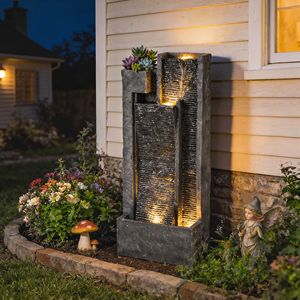 Fontana a Cascata Moderna da Esterno 40 Pollici con Luci LED, Cascata a 3 Livelli, Fioriera Grigio Scuro, Pompa 220V - Product Image 2