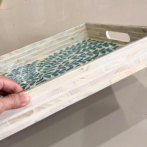 Plateau de service en laque avec incrustation de nacre, plateau rectangulaire en bois et marbre avec poignées, plateaux pour le thé, le petit-déjeuner - Product Image 2