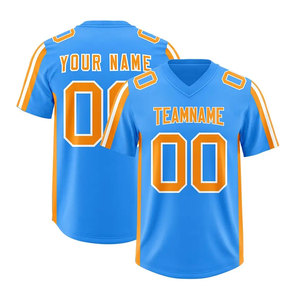 Camiseta de Fútbol Americano Personalizada para Hombre, Manga Corta, Cuello en V, Azul y Naranja, Sublimada, Absorbe la Humedad, con Nombre del Equipo y Número Impresos - Product Image 2