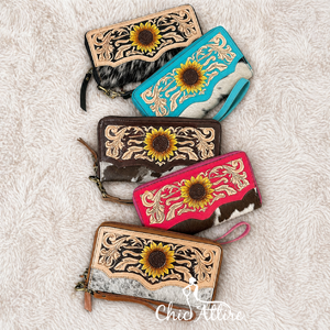Wholesale High Quality Hand Tooled Leather Sunflower Design Brand Luxury Genuine Hair On Cowhide Leather Wallet <b>Purse</b> for Women - Product Image 1