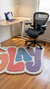 Tapis de sol tufté à la main avec typographie Unique Slay, motif lettres multicolores pastel, pour salon et chambre - Product Image 2