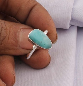 Wholesale Classic 925 Sterling Silver Natural Larimar <b>Ring</b> Freeform Gemstone Cabochon Bezel Set <b>Plain</b> Band Solitaire <b>Ring</b> - Product Image 1