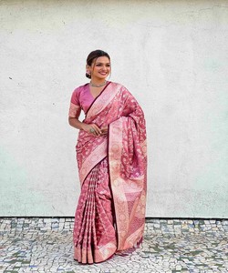Pink Silk Saree Traditional Indian Wedding Wear Banarasi Style with Border Pattern <b>Floor</b>-Length for Women - Product Image 6