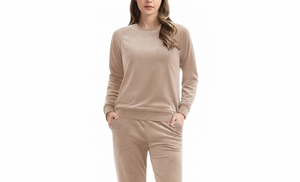 Survêtement beige respirant à capuche pour femme, manches longues, pantalon long avec poches latérales, streetwear décontracté d'hiver - Product Image 3