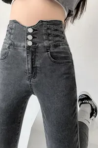 Jeans Ajustados Estilo Y2K con Cuatro Botones, Cintura Alta Vintage, Pantalones de Mezclilla Elásticos para Mujer, Pantalones Ajustados 2025 - Product Image 6