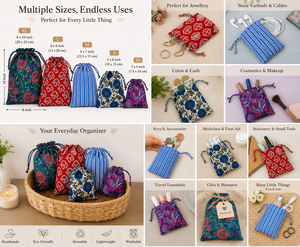 Premium Handmade Cotton Potli Bag <b>Drawstring</b> <b>Pouch</b> Indian Block Print Eco Friendly Gift Packaging Storage Organizer - Product Image 4